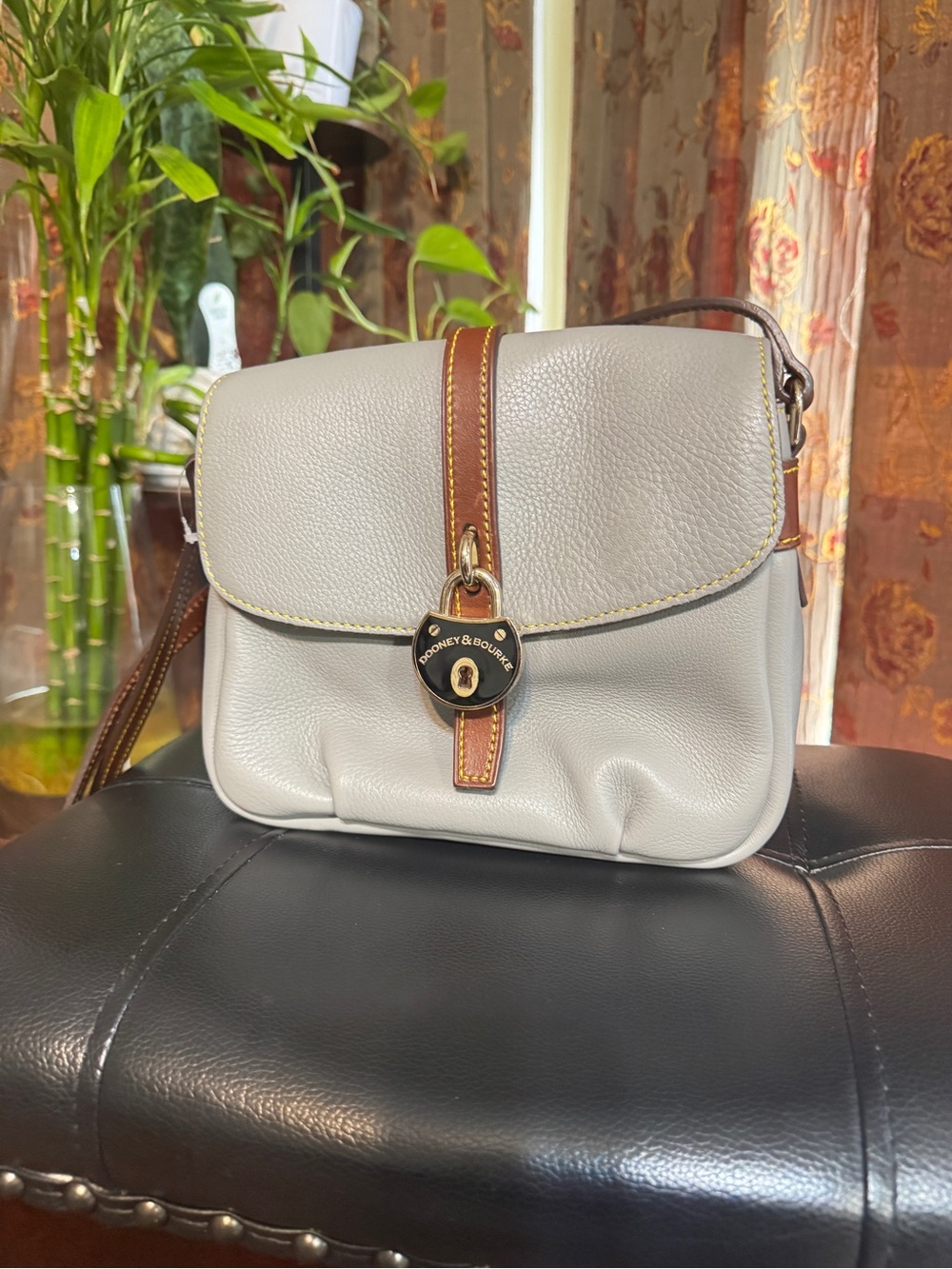 Dooney & Bourke Gray Pebble Leather Crossbody with Brown Trim